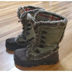 Skechers Womens 6.5 Frolic Winter Suede Green Brown Lace Up Boots Chunky Y2K